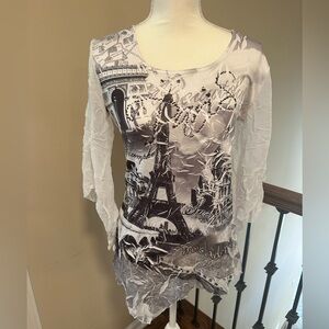 Mycra Paris Eiffel Tower Paris Graphic Crinkle Tunic Top Women’s Size Small